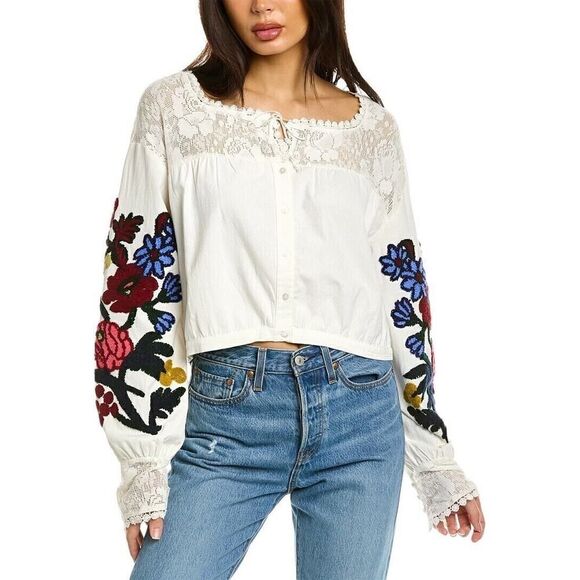 FREE PEOPLE Meadows Embroidered Top Lace Boho Bishop Sleeve Crop small - Picture 1 of 7